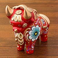 Ceramic figurine, 'Big Red Pucara Bull' - Red Painted Ceramic Bull Folk Art Figurine from Peru
