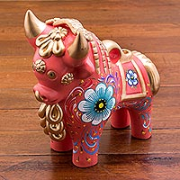 Ceramic figurine, 'Big Pink Pucara Bull'