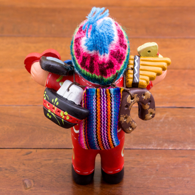 Ceramic figurine, 'Ekeko of Abundance in Red' - Ceramic Ekeko Sculpture with Wool Cap from Peru