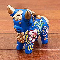 Ceramic figurine, 'Blue Pucara Bull' - Hand Painted Blue Ceramic Bull Sculpture Floral from Peru