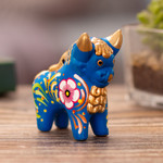 Ceramic figurine, 'Blue Pucara Bull' - Hand Painted Blue Ceramic Bull Sculpture Floral from Peru