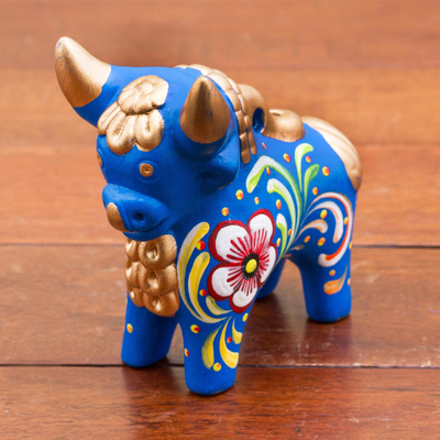 Ceramic figurine, 'Blue Pucara Bull' - Hand Painted Blue Ceramic Bull Sculpture Floral from Peru