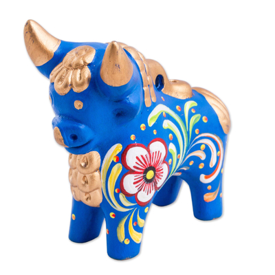 Hand Painted Blue Ceramic Bull Sculpture Floral from Peru