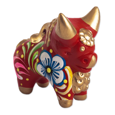 estatuilla de cerámica - Escultura de toro Pucará de cerámica pintada a mano de Perú