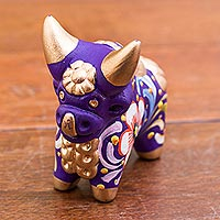 Ceramic figurine, 'Little Purple Pucara Bull' - Hand Painted Purple Ceramic Bull Sculpture Floral from Peru