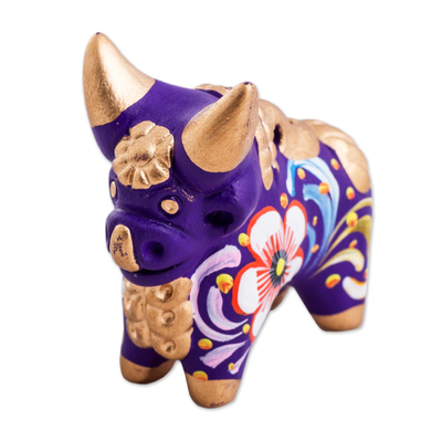 Hand Painted Purple Ceramic Bull Sculpture Floral from Peru