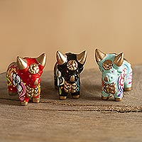 Ceramic figurines, 'Little Pucara Bulls' (set of 3) - Handcrafted Multicolor Set of Three Bull Figurines