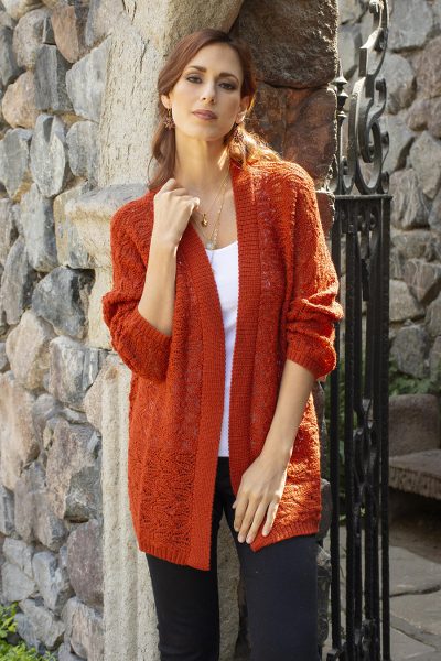 Alpaca blend cardigan, 'Fiery Warmth' - Alpaca Blend Crocheted Cardigan in Fire from Peru