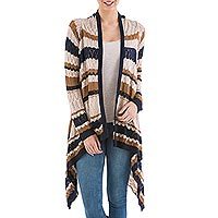 Cardigan sweater, 'Evening Mirage' - Striped Beige Cardigan Sweater from Peru