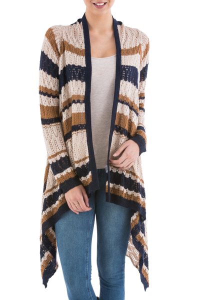 Cardigan sweater, 'Evening Mirage' - Striped Beige Cardigan Sweater from Peru