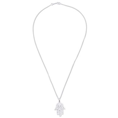 Sterling silver pendant necklace, 'Hamsa of Protection' - Sterling Silver Hamsa Pendant Necklace from Peru