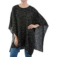 Alpaca and Wool Blend Poncho in Eggshell and Black from Peru,'Watery Night'