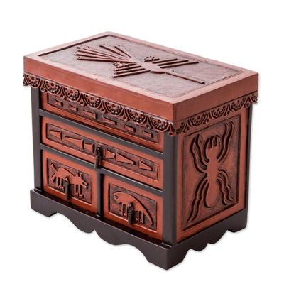 Hand Carved Wood Jewelry Box with Nazca Motif from Peru