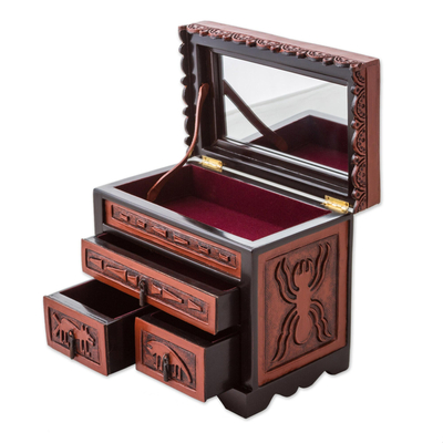 Leather and cedar wood jewelry box, 'Nazca Chamber' - Hand Carved Wood Jewelry Box with Nazca Motif from Peru