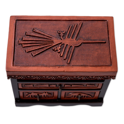 Leather and cedar wood jewellery box, 'Nazca Chamber' - Hand Carved Wood jewellery Box with Nazca Motif from Peru