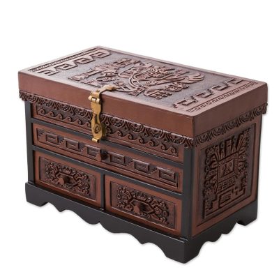 Wood and leather jewelry box, 'Incan Parrot' - Peruvian Leather Embossed Wood Jewelry Box with Incan Motifs