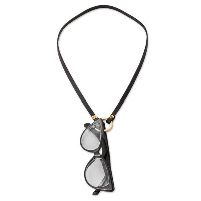 Leather eyeglasses holder, 'Studious Elegance in Black' - Leather and Brass Eyeglasses Holder in Black from Peru