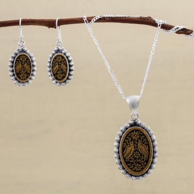 Sterling silver and mate gourd jewelry set, 'Bird Waltz' - Sterling Silver and Mate Gourd Bird Jewelry Set from Peru