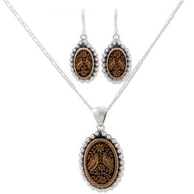 Sterling silver and mate gourd jewelry set, 'Bird Waltz' - Sterling Silver and Mate Gourd Bird Jewelry Set from Peru