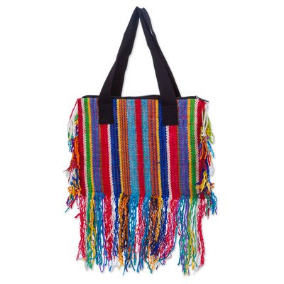 Hand Woven Multicolored Striped Wool Shoulder Bag from Peru - Fringed ...