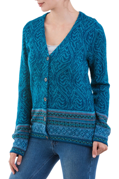 100% alpaca cardigan, 'Dreamy Blues' - Teal 100% Alpaca Wool Cardigan Sweater from Peru