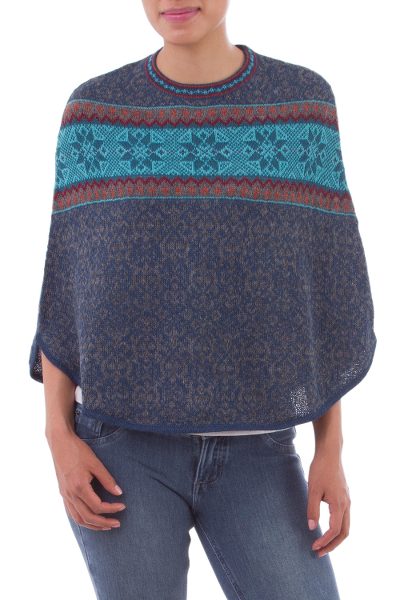 100% alpaca mini poncho, 'Andean Evening' - Blue 100% Alpaca Wool Mini Poncho from Peru