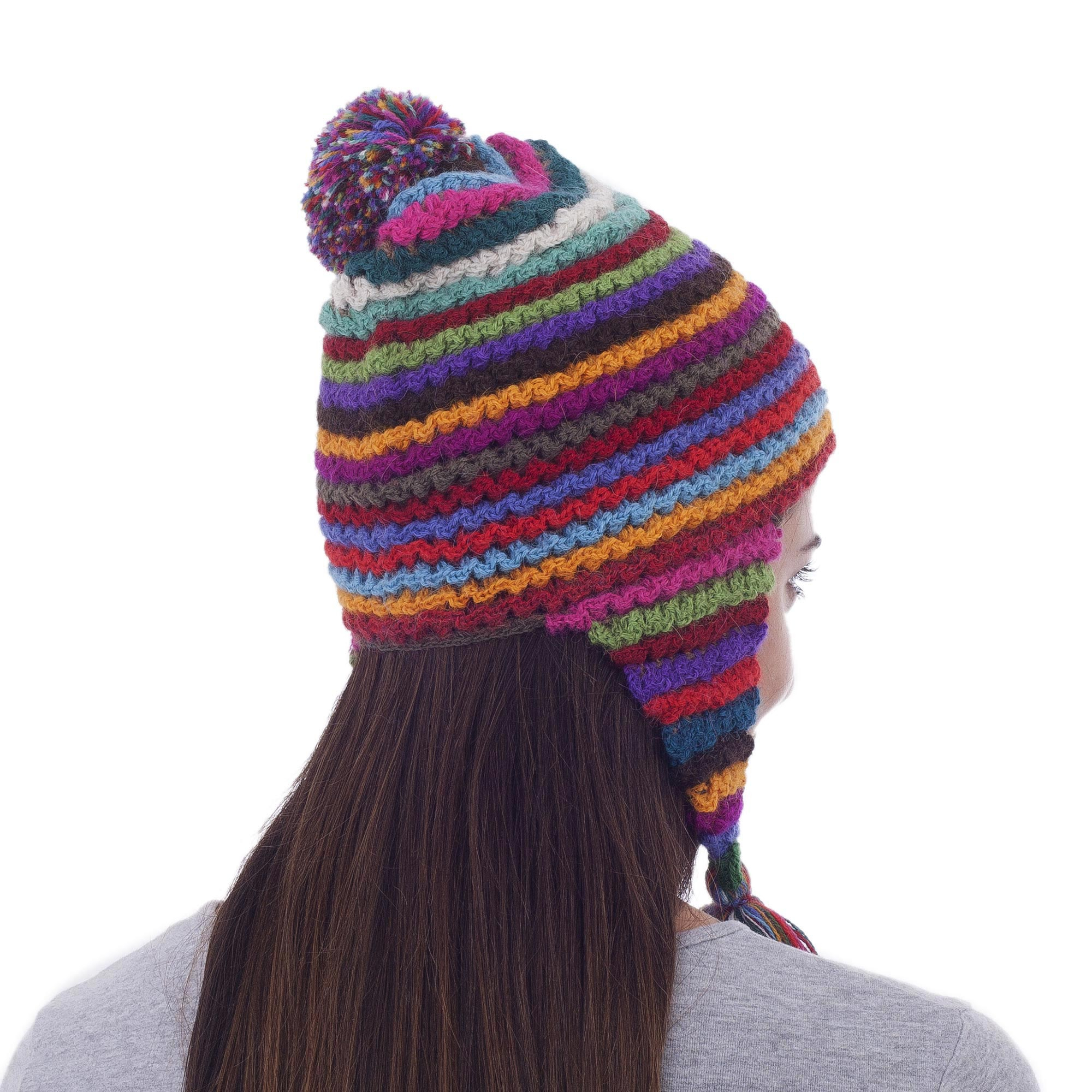 Striped Multicolored Alpaca Chullo Hat with Pompom from Peru - Tactile ...