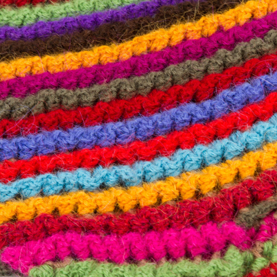 100% alpaca chullo hat, 'Tactile Rainbow' - Striped Multicolored Alpaca Chullo Hat with Pompom from Peru