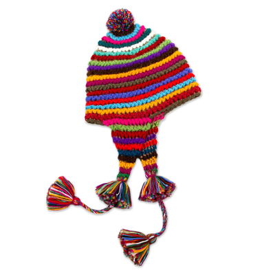 100% alpaca chullo hat, 'Tactile Rainbow' - Striped Multicolored Alpaca Chullo Hat with Pompom from Peru