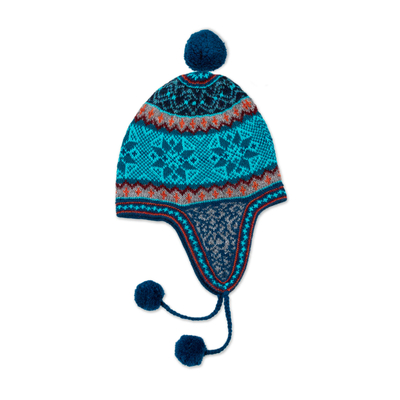 100% alpaca chullo hat, 'Andean Snowfall' - Alpaca Chullo Hat in Azure and Smoke from Peru