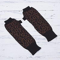 100% alpaca fingerless mitts, 'Floral Andes' - Alpaca Knit Floral Fingerless Gloves in Black and Brick Peru