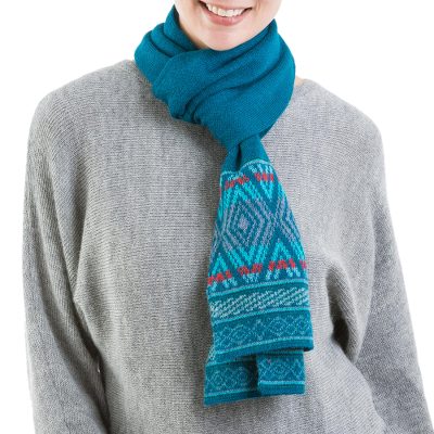 100% alpaca scarf, 'Winter Rhombi' - 100% Alpaca Wrap Scarf in Teal and Cerulean from Peru