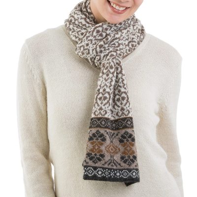 100% alpaca scarf, 'Andean Patterns' - 100% Alpaca Wrap Scarf in Tan and Eggshell from Peru