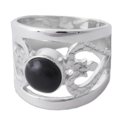 Obsidian cocktail ring, 'Inseparable Love' - Obsidian and Sterling Silver Cocktail Ring from Peru