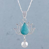 Amazonite pendant necklace, 'Flaming Drop' - Amazonite and Sterling Silver Flower Necklace from Peru