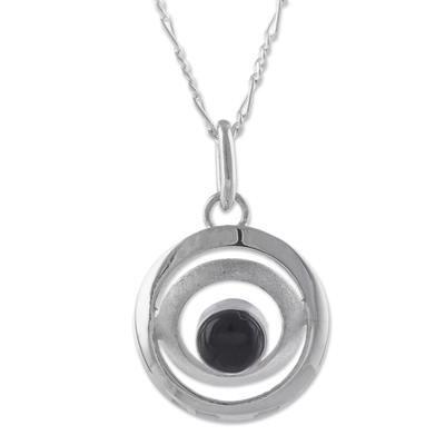 Obsidian and Sterling Silver Pendant Necklace from Peru