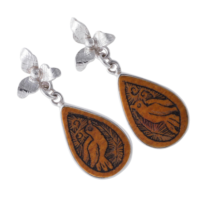 Mate gourd dangle earrings, 'Floral Birds' - Bird Themed Mate Gourd 925 Silver Dangle Earrings from Peru