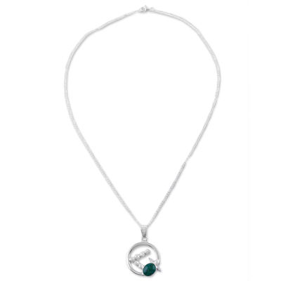 Chrysocolla pendant necklace, 'Flying Turtle' - Abstract Turtle on 925 Silver and Chrysocolla Necklace