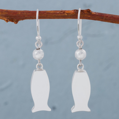 Sterling silver dangle earrings, 'Smart Fish' - Sterling Silver Fish Earrings from Peruvian Animal Jewelry