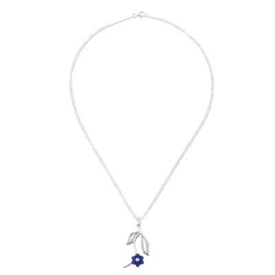 Sodalite pendant necklace, 'Floral Midnight' - Sodalite and Sterling Silver Floral Pendant Necklace