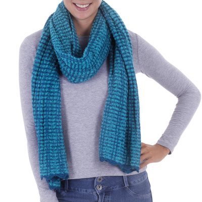 Baby alpaca blend scarf, 'Teal Connection' - Peru Boucle Scarf Knitted in Teal & Turquoise Alpaca Blend