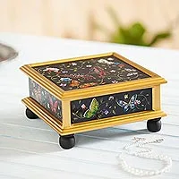 Caja decorativa de cristal pintado al revés - Caja decorativa de cristal pintado al revés negro con mariposas