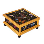 Reverse-painted glass decorative box, 'Midnight Garden' - Black Reverse-Painted Glass Decorative Box with Butterflies