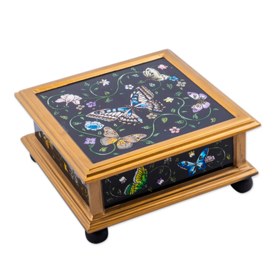 Reverse-painted glass decorative box, 'Midnight Garden' - Black Reverse-Painted Glass Decorative Box with Butterflies