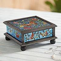 Reverse painted glass decorative box, 'Blue Winter Butterflies'