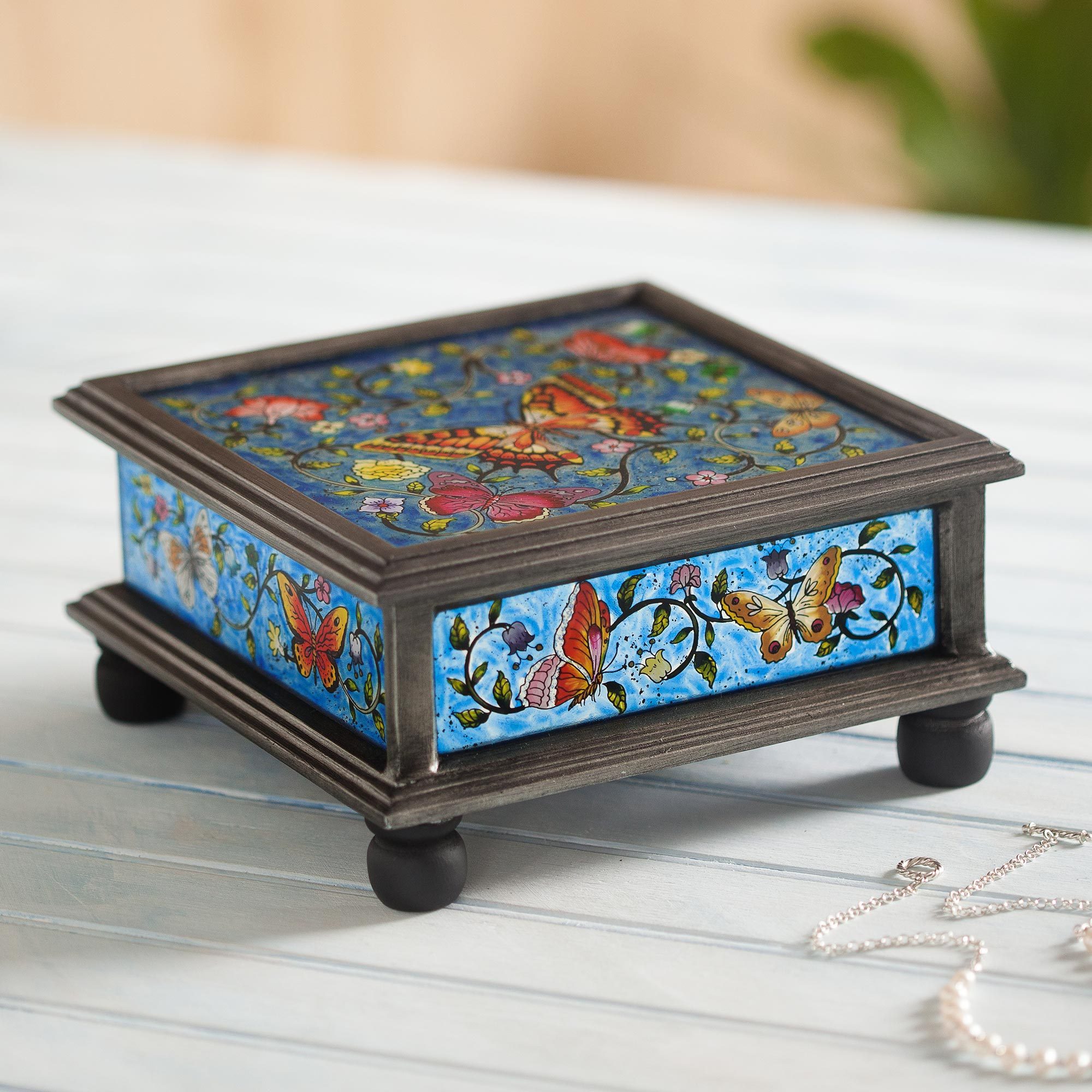 Reverse Painted Glass Blue Decorative Box with Butterflies Blue