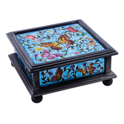 Reverse painted glass decorative box, 'Blue Winter Butterflies' - Reverse Painted Glass Blue Decorative Box with Butterflies