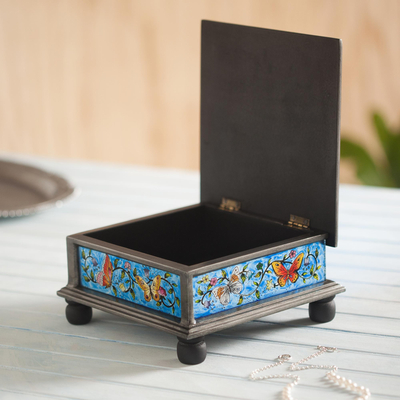 Reverse painted glass decorative box, 'Blue Winter Butterflies' - Reverse Painted Glass Blue Decorative Box with Butterflies