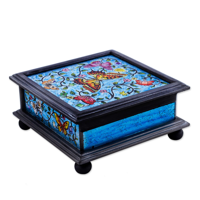 Caja decorativa de vidrio pintado al revés - Caja Decorativa Cristal Pintado Reverso Azul con Mariposas