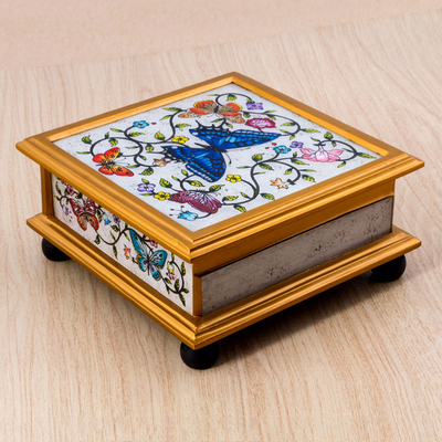Reverse painted glass decorative box, 'Ivory Winter Butterflies' - Butterflies on an Ivory Reverse Painted Glass Decorative Box